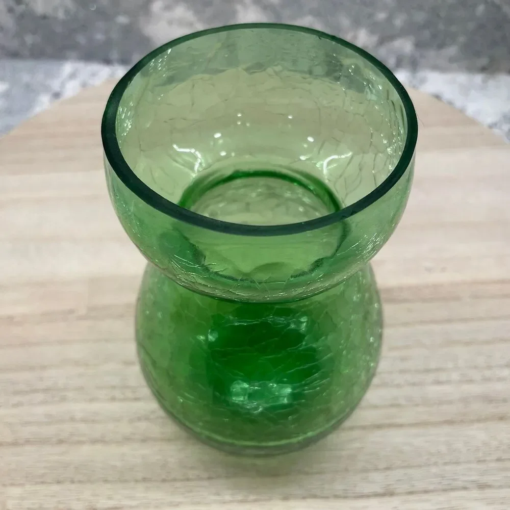 Vintage MCM Green Crackle Glass Hourglass Vase Hand Blown Art Glass 6 inch